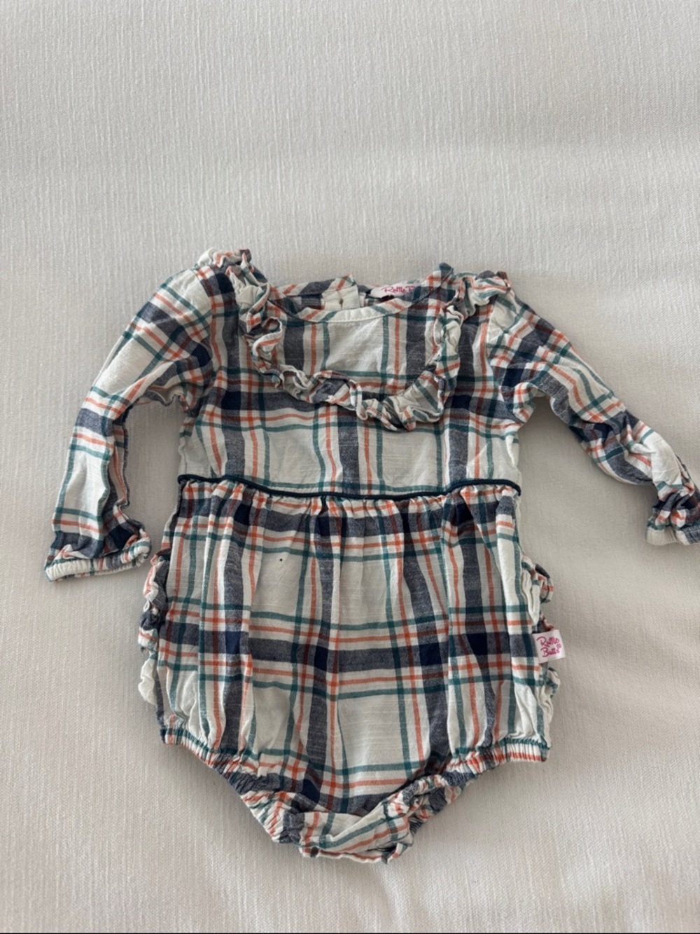 Ruffle Butts Plaid Romper - Navy, Teal & Peach
